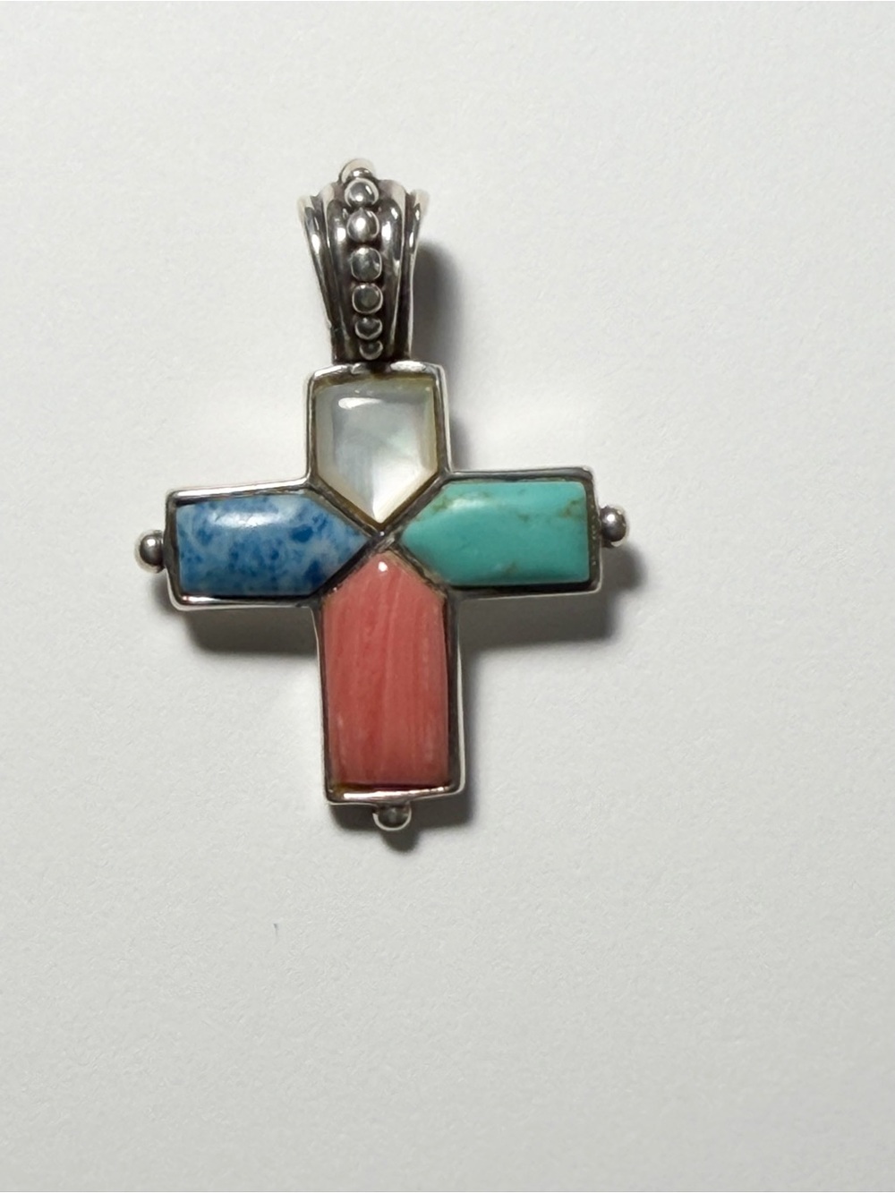 Vintage 925 Sterling Silver Turquoise Multi Stone Cross Pendant